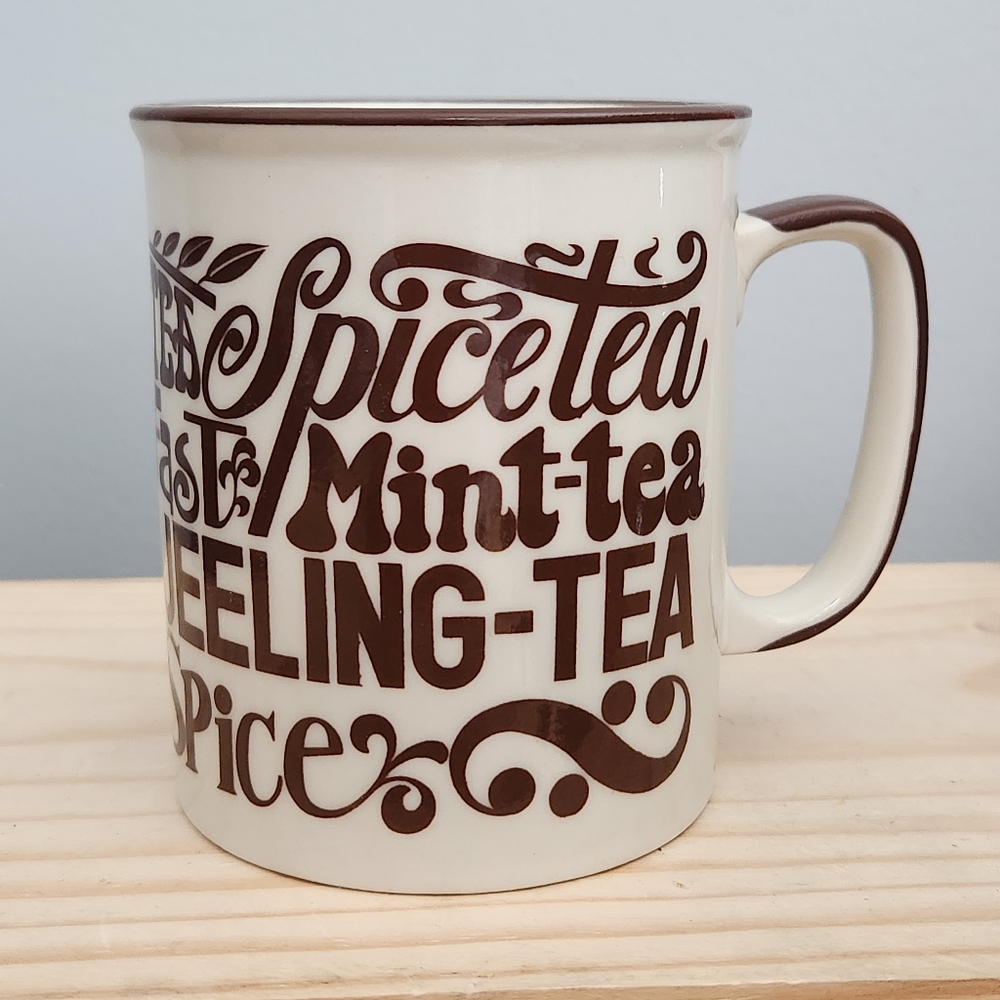 Vintage 70s 80s Cream and Brown Tea Drinker Display Decor Typography Mug